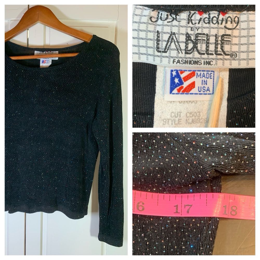 VTG La Belle Just Kidding Glitter Y2K Whimsigoth Top Black Womens Medium Event